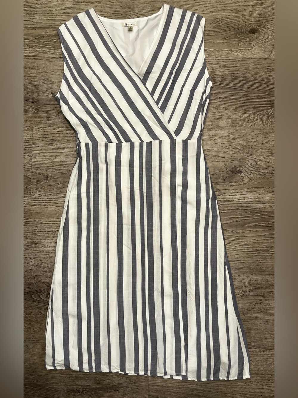 Versona White and Navy Striped Midi Faux Wrap Dress Size M